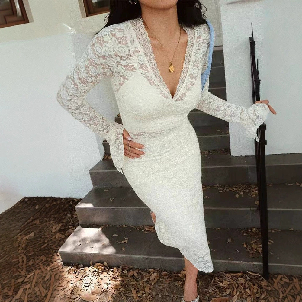 ZARA Elegant Lace Collar Slim Flared Sleeve Sheer Long Dress